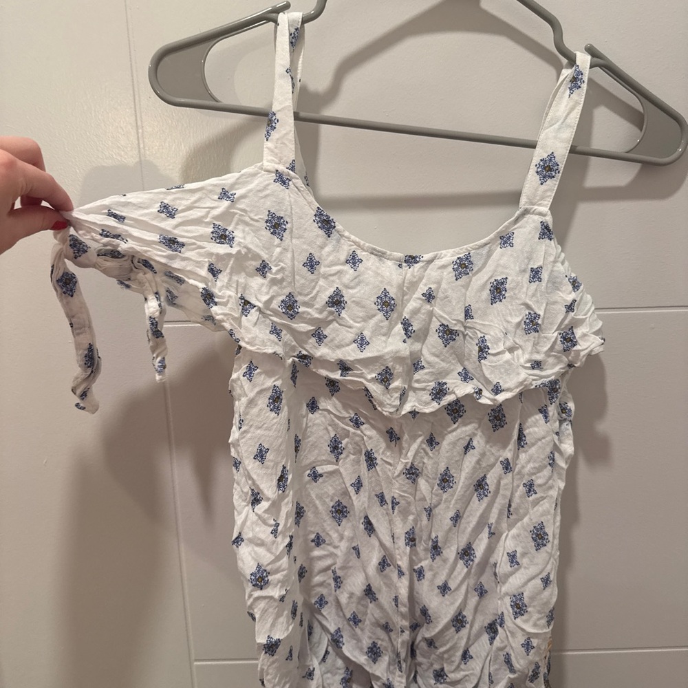 White and Blue Floral Ruffle Top
